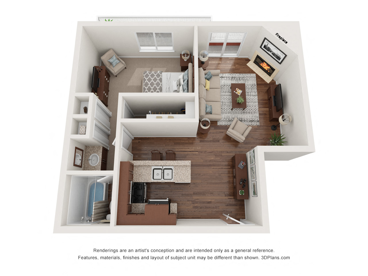 Floor plan for 1 bed, 1 bath, 820 sqft